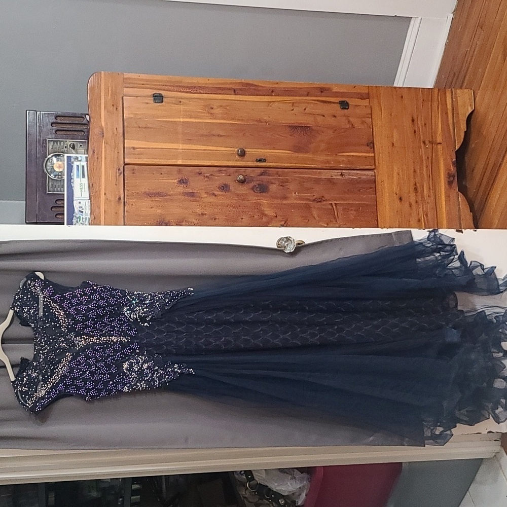 Sharai Womens Jr's Formal Dress Prom Navy Beaded Rhinestones Mermaid Front Sz 10